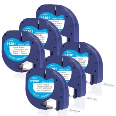 Abbildung von Doree (6er Pack) 91221 91201 Dymo Letratag Plastic White Band,12mm x 4m,Schwarz auf Weiß,für XR Etikettenband Beschriftungsgerät Bänder für LT 100H,LT 100T,XM,200B