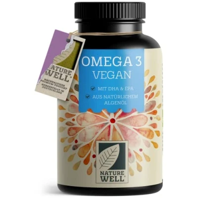 Abbildung von Omega 3 Vegan 90 Kapseln hochdosiert, 2000mg Algenöl pro Tag mit 600mg DHA &amp; 300mg EPA, veganes aus nachhaltigem Anbau als Fischöl Alternative, laborgeprüft Zertifikat, NatureWell