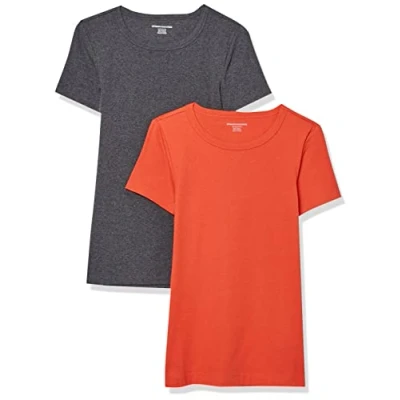 Abbildung von Amazon Essentials Damen Kurzärmeliges T Shirt mit Rundhalsausschnitt, Schmale Passform, 2er Pack, Dunkelgrau Meliert/Tomatenrot, M