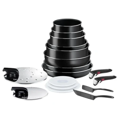 Abbildung von Tefal Ingenio Easy On 17 teiliges Kochgeschirrset, Antihaftbeschichtung, Startanzeige, Diffusionsbasis, gesundes Kochen, sicheres L1599702, Schwarz