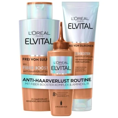 Abbildung von L&#039;Oréal Paris Fiber Booster Anti Haarverlust Geschenkset, Shampoo, Spülung &amp; Serum für volleres Haar, Gegen Haarausfall, Weniger Haarbruch, Elvital, 200 ml Shampoo + 102 150
