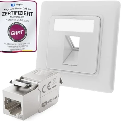 Abbildung von hb digital 1 Port CAT 6a Netzwerkdose unterputz RAL9003 + 1x Keystone RJ45 Modul LAN Ethernet Dose Buchse Einbaubuchse für 5e 6 max. 10 Gbit/s STP Signalweiß