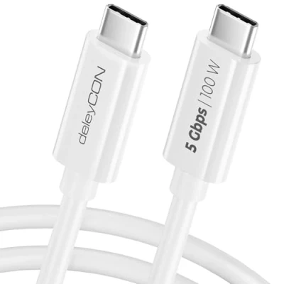 Abbildung von deleyCON 0,15m USB C Kabel (100W Schnellladekabel + Datenkabel 5 Gbit/s) Kurzes Ladekabel für iPhone 16 15 Pro Max Samsung Galaxy S24 S23 Pixel iPad MacBook Air Tablets Switch PS5 Weiß