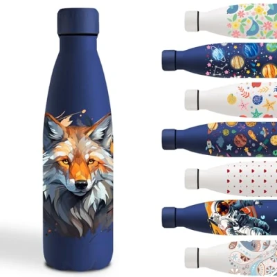 Abbildung von Trinkflasche 500ml, Edelstahl BPA Freie, Sport Auslaufsicher, Personalisiert für Wolfskopf, Wasserflasche Schule, Camping, Running, Fahrrad, Dunkelblau