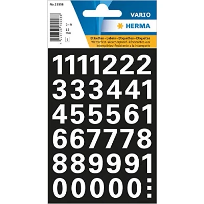 Abbildung von HERMA 15558 Zahlen Aufkleber weiß 0 9, 39 Stück, Schriftgröße 15 mm, selbstklebend, wetterfest, groß, Nummer Ziffer Klebezahlen Sticker Hausnummern aus Folie zum Aufkleben, schwarz
