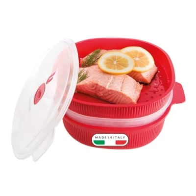 Abbildung von Snips Dampfgarer für die Mikrowelle, mit 2 Tabletts, Mikrowellenbehälter, 4 Liter, Rot, 26,5 x 22 13,5 cm, Made in Italy