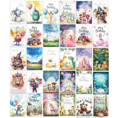 Abbildung von the lazy panda card company, 30 verschiedene, farbenfrohe und lustige Kindergeburtstagskarten mit Umschlägen (Kinder)