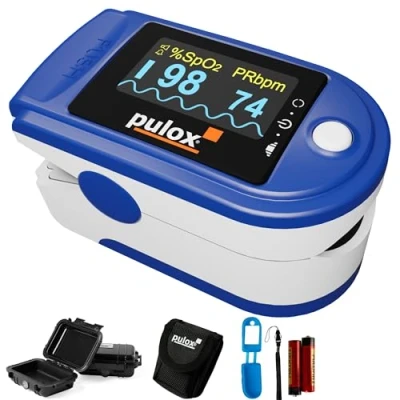 Abbildung von Pulsoximeter Pulox PO 200A mit Alarm, Pulston und Zubehör Set zur Messung von SpO2, Puls PI Blau