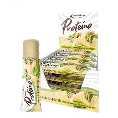 Abbildung von IronMaxx Proteino Proteinriegel White Chocolate Pistachio 12 x 30g High Protein Bar auf Waffelbasis mit cremiger Füllung zuckerreduzierter Eiweißriegel glutenfrei und palmölfrei