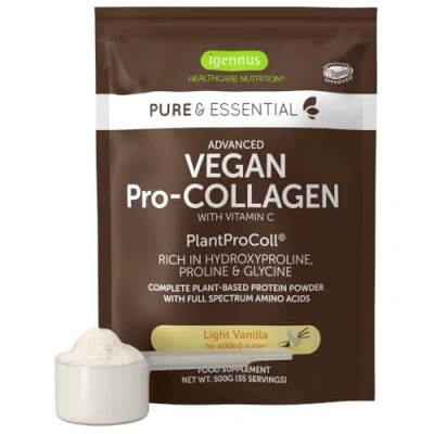 Abbildung von Vegan Pro Collagen Pulver mit 21 Aminosäuren &amp; Vitamin C als Kofactor, Vanille Geschmack Plant Coll Proteinpulver, 77% Eiweiß, ohne Zusätze, 500g, von Igennus