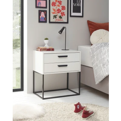 Abbildung von SUNA Nachttisch in Weiß Moderner Nachtschrank mit Schubladen und schwarzem Metallgestell 60 x 65 38,5 cm (B/H/T)