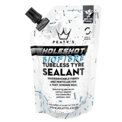Abbildung von Peaty&#039;s Holeshot Biofibre Tubeless Reifendichtmittel, schnell wirkende Reifenpannenreparatur, dichtet Löcher bis zu 6 mm für alle Fahrräder ab, biologisch abbaubare Dichtungsfasern, 120ml Trail Beutel