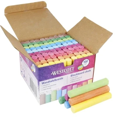 Abbildung von Westcott Kreide 100 Stück Bunt Vorteilspack Tafelkreide mit 1,2cm ⌀ in leuchtenden Farben staubarm &amp; leicht abwischbar 8,5cm lange Kreidestifte E 744987 00