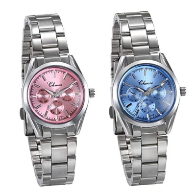 Abbildung von JewelryWe 2pcs Damen Uhren Elegant Analog Quarz Business Casual Armbanduhr mit Silber Ton Edelstahl Armband, Pink Blau