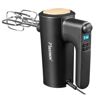Abbildung von Bestron Power Handmixer, Leistungsstarker Handmixer mit 6 Stufen, Turbo Funktion &amp; LCD Display, Rührgerät inkl. 2 Schneebesen Knethaken, Leichtgewicht von 1KG, Farbe: Schwarz/Holz