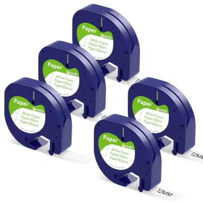 Abbildung von Markurlife kompatible mit Dymo LetraTag Etikettenband 12mm x 4m Paper White 91220 10697 Papierband S0721520 Schwarz auf Weiß für LT 100H 100T XR Etikettendrucker