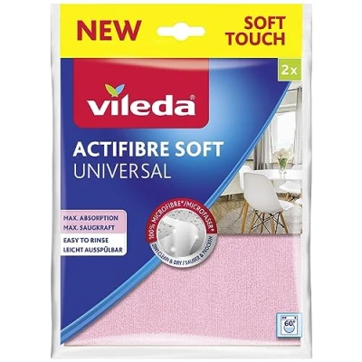 Abbildung von Vileda Actifibre Soft Universal Mikrofasertuch, Reinigungstuch aus 100 Prozent Mikrofaser für streifenfreie Ergebnisse, hohe Saugkraft, alle glatten Oberflächen, rosa und grau, 2er Pack