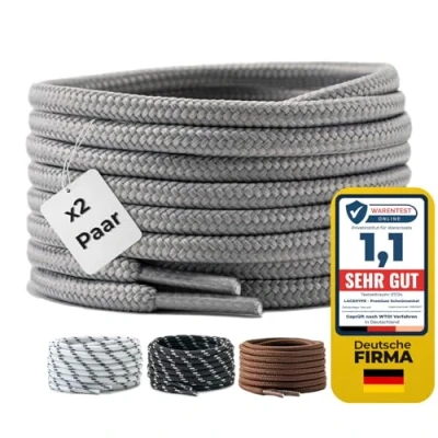 Abbildung von LaceHype 2 Paar Premium Runde Schnürsenkel [ Ø4,5 mm ] Polyester für Arbeitsschuhe, Stiefel, Outdoorschuhe und Sportschuhe reißfeste Schuhbänder (Grau, 150cm)