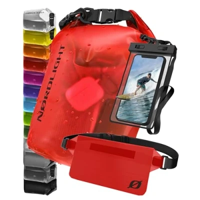 Abbildung von Nordlight wasserdichte Tasche 3er Set (Rot) Dry Bag 20l + Handyhülle Hüfttasche IPX8 Schutz Mit Verstellbaren Gurten Für Strand, Stand Up Paddling