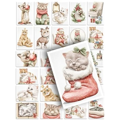 Abbildung von Weihnachtskarten 24 Stück Postkarten Katzen süß niedlich Boho Deko Illustration Design Weihnachtspostkarte Weihnachten Set Mix Geschenk Grußkarte Geschenkkarte Katze Tiere Xmas Cute Cats Kitten Kitty