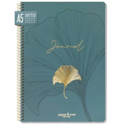 Abbildung von paper&amp;you® Bullet Journal dotted A5 mit Spiralbindung &quot;Blue Ginkgo&quot; 160 Seiten, Notizbuch gepunktet Spirale, College Block, Spiral Notizblock nachhaltig &amp; klimafreundlich
