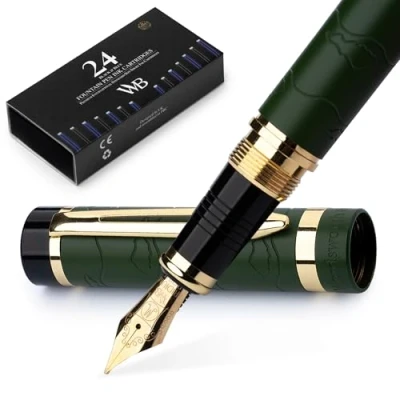 Abbildung von Wordsworth &amp; Black Primori Füllfederhalter set [Grünes Gold]; Mittlere Feder, Geschenketui, 24 Tintenpatronen, Nachfüllkonverter, Journaling, Handbuch, Kalligraphie, Stifte Für Glattes Schreiben