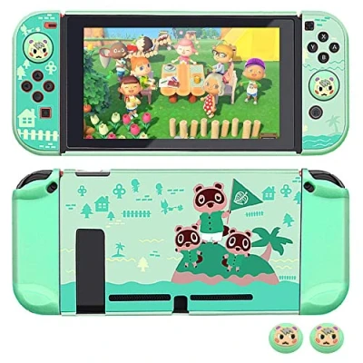 Abbildung von Dockable Case für Nintendo Switch, FANPL Schutzhülle Switch und Joy Con Controller mit 2 Marshal Design Daumengriffen (für Animal Crossing Island Version)