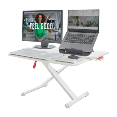 Abbildung von Leitz Schreibtisch Aufsatz mit Tastaturablage, Höhenverstellbarer für Bildschirme, Monitore &amp; Laptops, TÜV IGR zertifiziert, Kompakt, 800 x 420 mm, Ergo Cosy Serie, Weiß Grau, 65320085