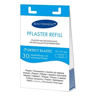 Abbildung von ACTIOMEDIC EasyAid DETECT ELASTIC detektierbare Pflaster Strips Nachfüllset, 30 Stück, für die Lebensmittelindustrie kompatibel mit Pflasterspender I Hypoallergene, elastische Pflaster, blau