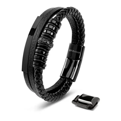 Abbildung von SERASAR Armkette Herren 23cm Schwarz Gold Männer Armband Leder Armreif Herrenarmreif Armschmuck Schmuck Herrenschmuck Flecht Wickelarmband Armbändchen Men Leather Bracelet
