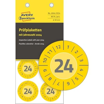 Abbildung von AVERY Zweckform 80 Prüfplaketten mit Jahreszahl 2024 (widerstandsfähig, stark selbstklebend, Ø 30 mm, Prüfaufkleber, beschriftbare Prüfsiegel aus Vinyl Klebefolie) Art. 6944 2024, gelb
