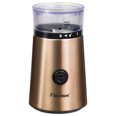 Abbildung von Bestron Elektrische Kaffeemühle mit Edelstahl Schlagmesser, Füllmenge: 50g, 150 W, in Kupfer Optik