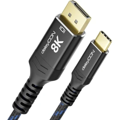 Abbildung von deleyCON 2m 8K USB C auf DisplayPort Kabel Für Monitor (8K@60Hz / 4K@120hz) Adapter, Thunderbolt 3/4, iPhone 16,15 Pro Max, MacBook, iPad Pro/Air, Samsung Galaxy S24 S23, Notebook, Tablet