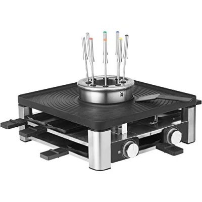 Abbildung von WMF Lumero 3in1 Gourmet Station für 8 Personen, Raclette Fondue Kombi, elektrisch, Temperaturregulierung, Beleuchtung, 1800 Watt, platzsparend, edelstahl matt