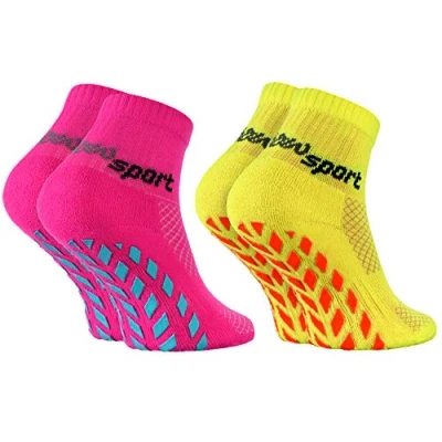 Abbildung von Rainbow Socks Jungen Mädchen Neon Sneaker Sport Stoppersocken 2 Paar Rosa Gelb Größen 24 29
