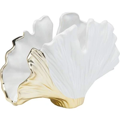 Abbildung von Kare Design Vase Gingko Elegance, Weiß/Gold, Steinzeug, Glamour, Dekorationsvase, Blumenvase, Tischvase für Wohnzimmer, Flur, Schlafzimmer, 18x26x9 cm (H/B/T)