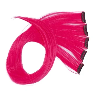 Abbildung von CAISHA 5 Teile Set 60cm Bunte Strähne Strähnchen Clip in Extension Haarverlängerung Glatt Langhaar Haarteil Leuchtend Pink BST118