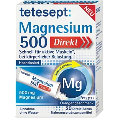 Abbildung von tetesept Magnesium 500 Direkt Nahrungsergänzungsmittel mit Pulver zur Einnahme ohne Wasser Schnell für aktive Muskeln 1 x 20 Sticks