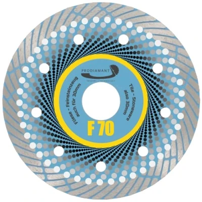 Abbildung von PRODIAMANT Profi Premium Diamant Trennscheibe Feinsteinzeug F70 extra dünn 115 mm x 22,2 Fliesenscheibe für Trockenschnitt bis zu 3cm Terassenplatten