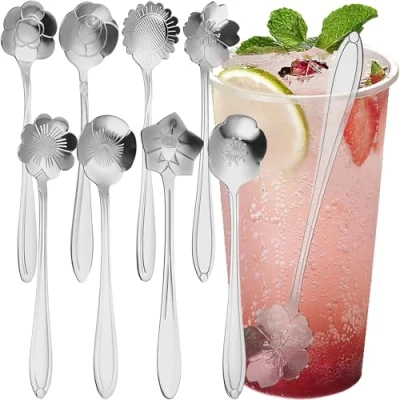 Abbildung von MINGZE 9 Stück Blumen Löffel Set, Edelstahl Teelöffel, Kaffeelöffel, Kaffee Rührlöffel, Zucker Löffel, Dessertlöffel, Teelöffel Satz, Eiscreme (Roségold)