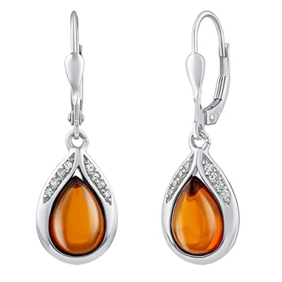 Abbildung von SILVEGO Damen Ohrringe aus 925 Sterling Silber Tropfen mit echtem Bernstein und Brilliance Zirconia