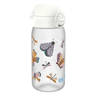 Abbildung von ION8 Kinder Trinkflasche, 350ml, Auslaufsicher, Einhandöffnung, Sichere Verriegelung, Spülmaschinenfest, BPA frei, Tragegriff, Klappdeckel, Leicht zu Reinigen, Klimaneutral, Schmetterlinge Design