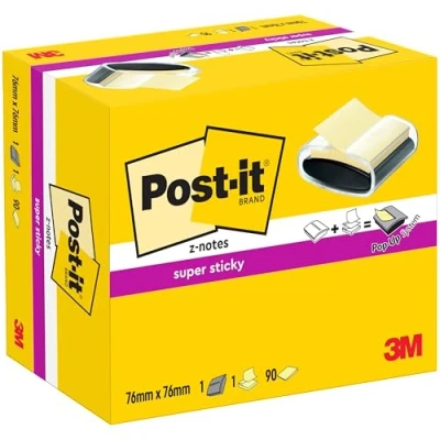 Abbildung von Post it Z Notes PRO Abroller, Schwarz + 1 Block Super Sticky Notes, Gelb, 76 mm x