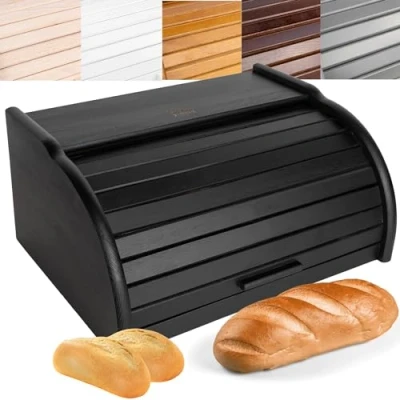 Abbildung von Creative Home Schwarz Brotkasten Holz 38 x 28,5 17,5cm (+/ 1cm) Perfekte BrotBox für Brot Brötchen Kuchen Brotkiste mit Roll Deckel Natürliche Kiste Brotbehälter Jede Küche