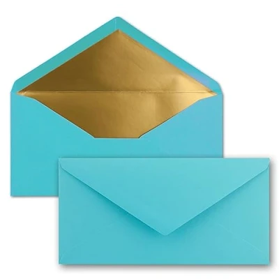 Abbildung von 15 Brief Umschläge DIN Lang Türkis mit Gold Metallic Innen Futter 110 x 220 mm Nassklebung festliche Kuverts für Einladungen