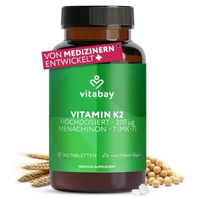 Abbildung von Vitabay Vitamin K2 hochdosiert 200 µg (mcg) VEGAN 365 Tabletten Mk7 MK 7 200µg Vit K 2 All Trans Form