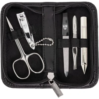 Abbildung von DREI SCHWERTER Germany Nagelpflegeset Nagelset &#039;Siena&#039; 5 tlg. Hautschere, Nagelknipser, Saphirnagelfeile, Nagelreiniger, Pinzette, Farbe schwarz Strausssoptik