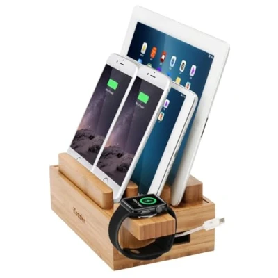 Abbildung von iCozzier Mini Bambus iWatch Ständer Multifunktionelle Ladestation und Kabel Organizer Docking Station für Apple Watch, iPhone, iPad, Smartphones, Tablets