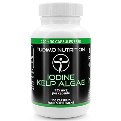 Abbildung von Jod Kelp Algen Extrakt Kapseln 225 mcg 150 Stück (5 Monatsvorrat) an Schnell Auflösende Tabletten, mit je 225mcg Hochdosiertes Iodine Supplement Extract Pulver