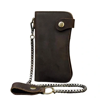 Abbildung von LUUFAN Echtes Leder Lange Brieftasche mit Reißverschluss Tasche Vintage Bifold Scheckheft Geldbörse(Chain Wallet)